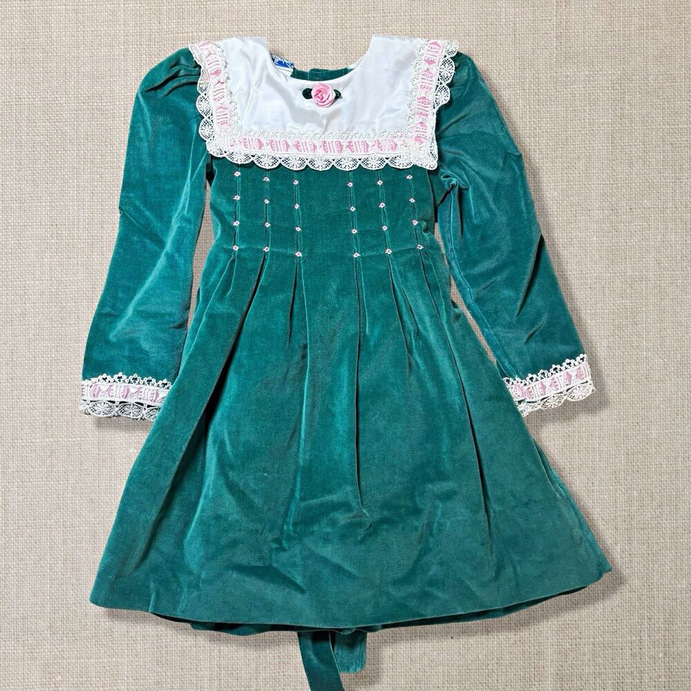 Vintage 80s Polly Flinders Girls 4 Green Velvet Christmas Holiday Dress Lace